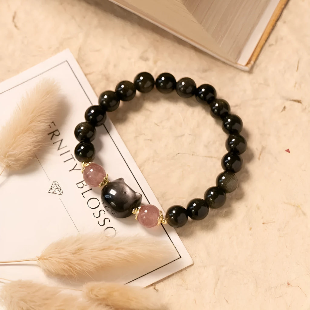 Black obsidian bracelet with 8mm beads and cat accessories on elastic cord