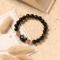 Black obsidian bracelet with 8mm beads and cat accessories on elastic cord