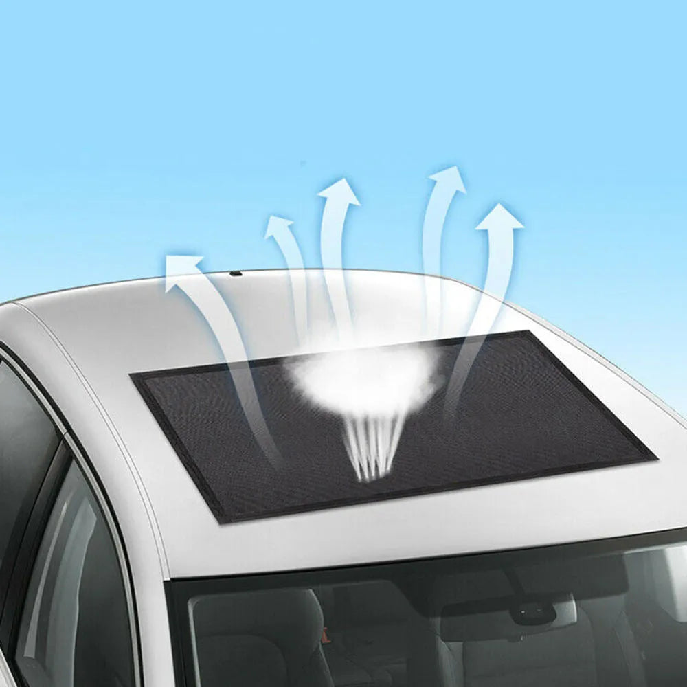 Black car sunroof sunshade, 95cm by 55cm, with silver coating and magnetic hardware for vehicle skylight.