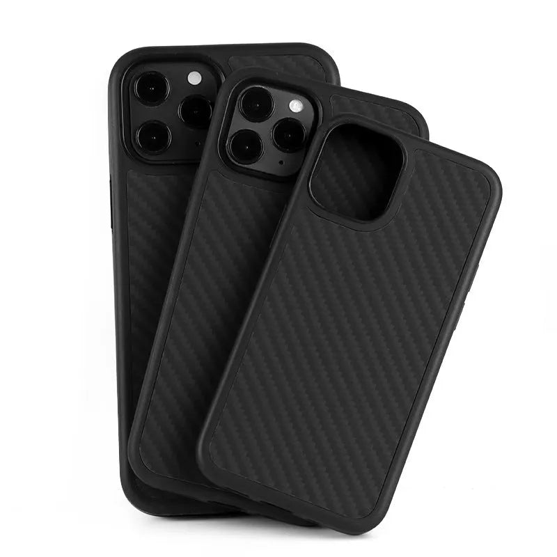 Solid black wooden phone case for iPhone with TPU and Kevlar construction.