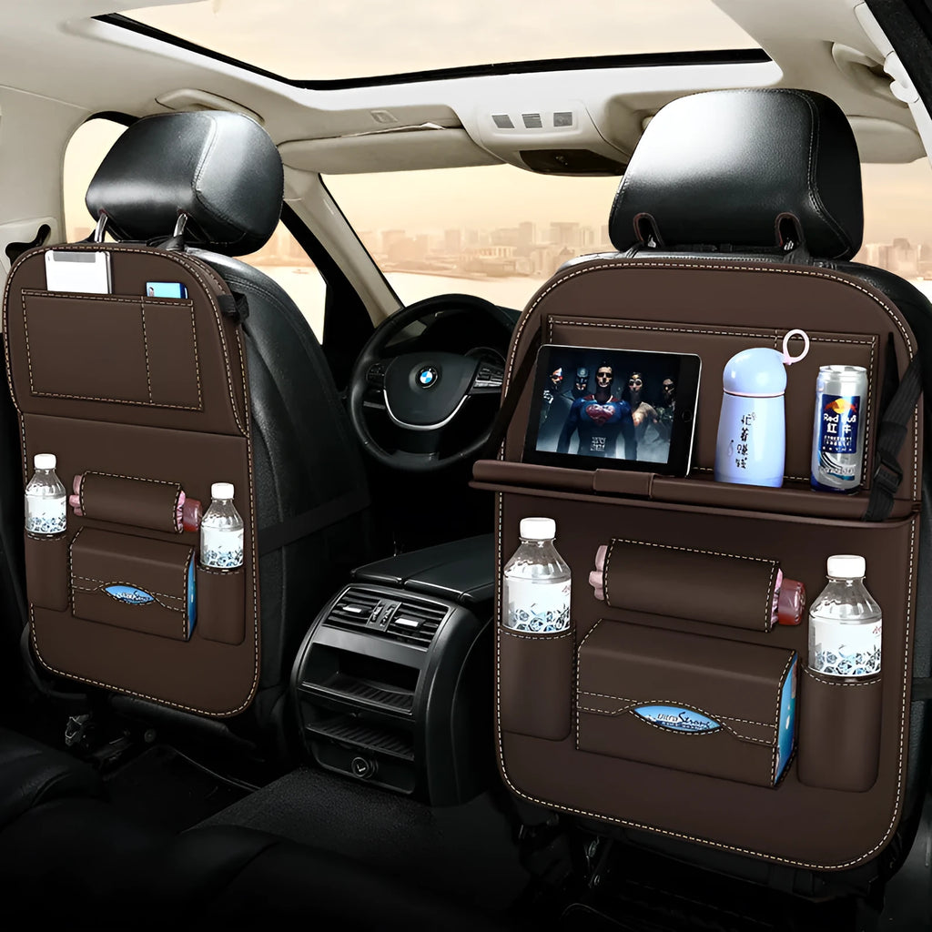 Car seat hanging storage bag in wear-resistant leather, available in beige, black, brown, coffee colours, standard and upgrade styles for vehicle organisation.