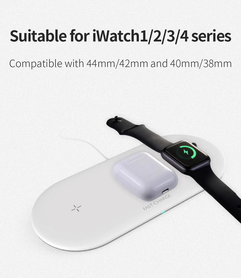 Black or white three-device wireless charging station for Apple-compatible phones, headphones and watches