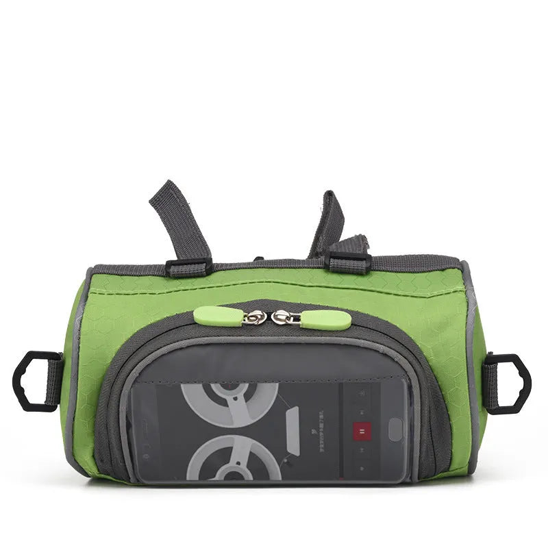 Rainproof bicycle handlebar bag in black with transparent phone window, 22cm length