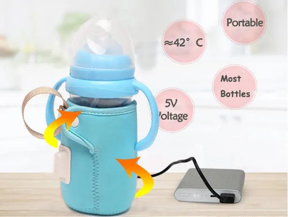 Baby USB bottle warmer with cotton cover showing orange and blue colour options