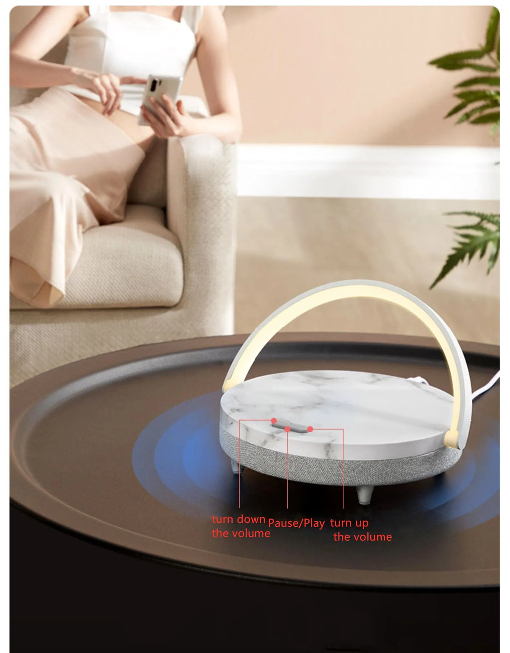 Multi-function wireless charging night light in marbling finish with touch switch and Bluetooth speaker