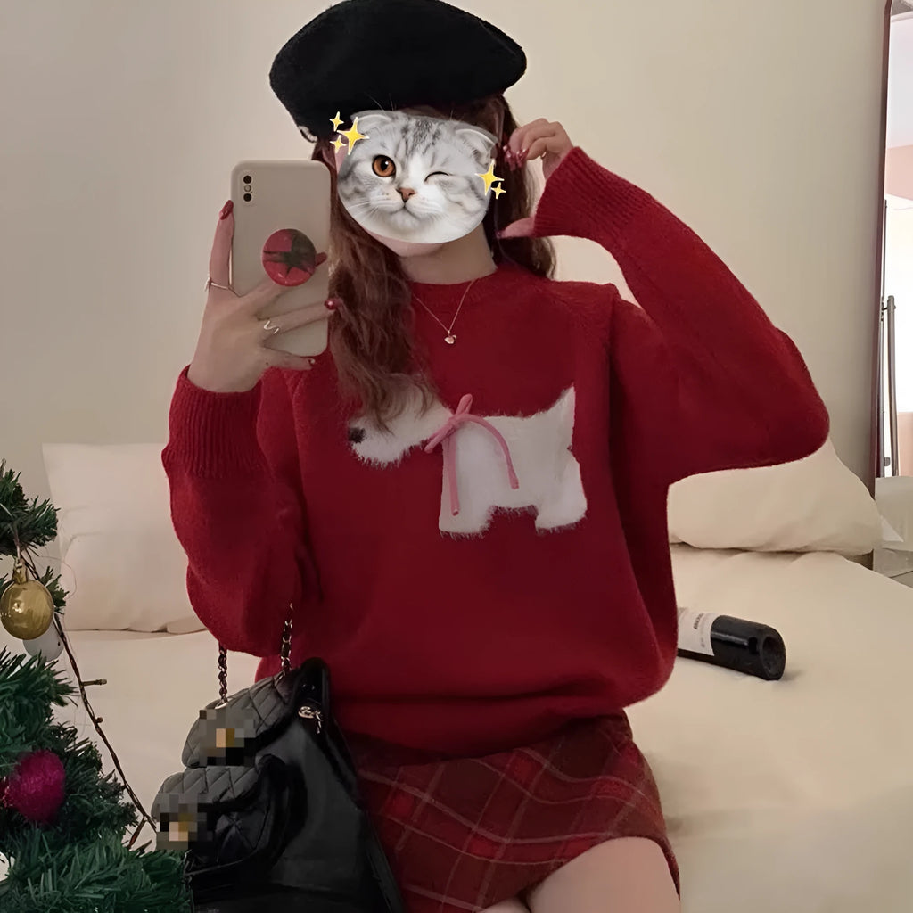 Puppy jacquard Korean pullover sweater in wool, free size, shown in wine red and gray with 3D stereo pattern
