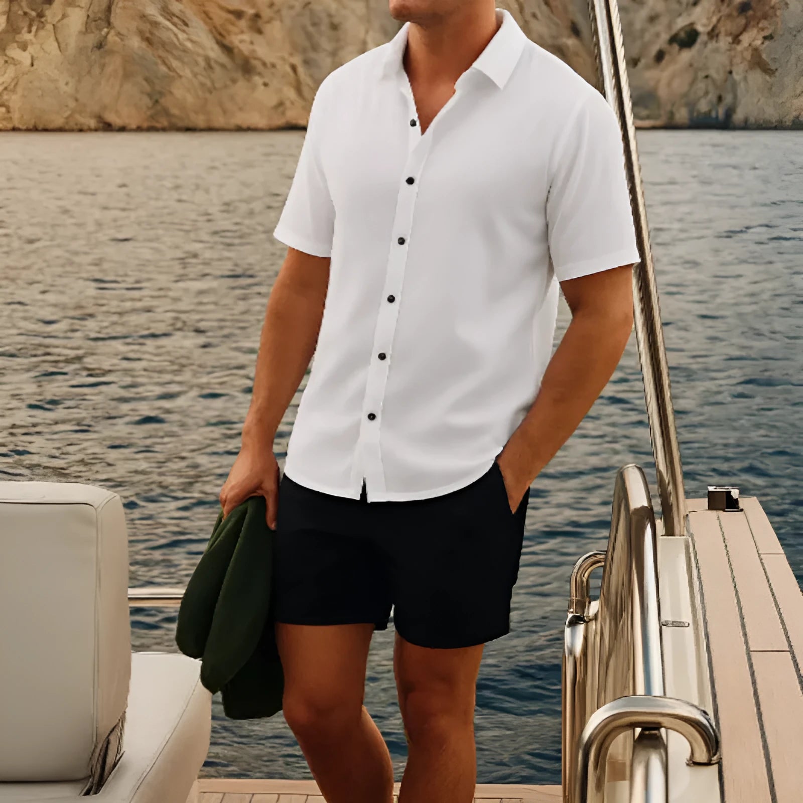 Men's waffle polyester short sleeve shirt and matching shorts leisure set