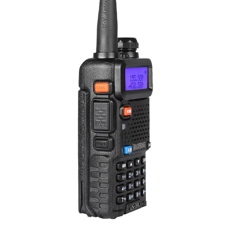 Black professional two-way radio walkie talkie with antenna, showing compact dimensions