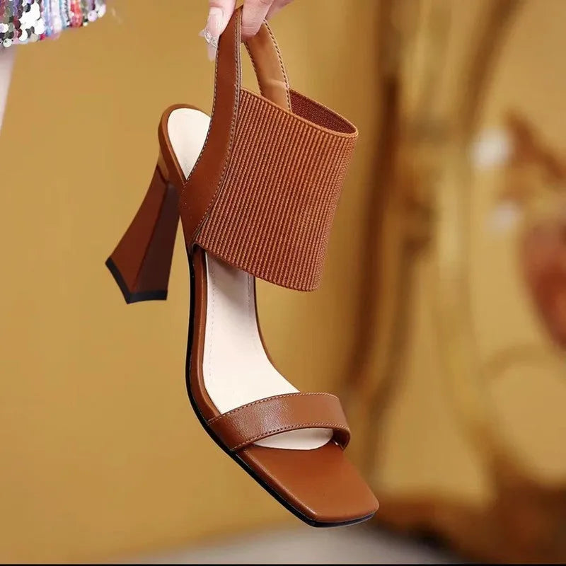 Women's high heel sandals with elastic strap in black, milky white and brown colours