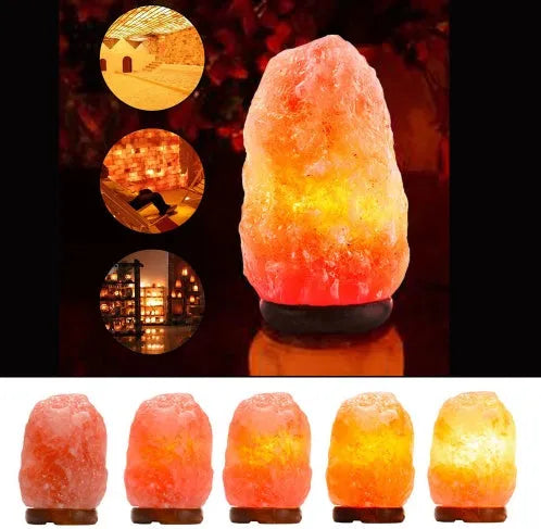 Rose crystal salt lamp with natural rock salt shade on a bedside table, warm glow, compact size.