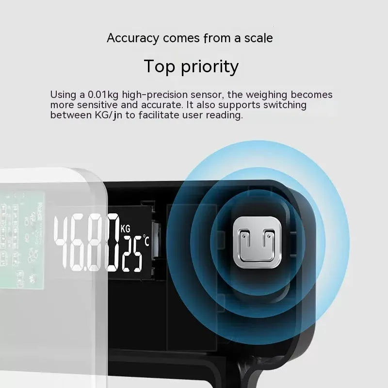 Electronic body weight scale with digital display in black, rose red or white finish.