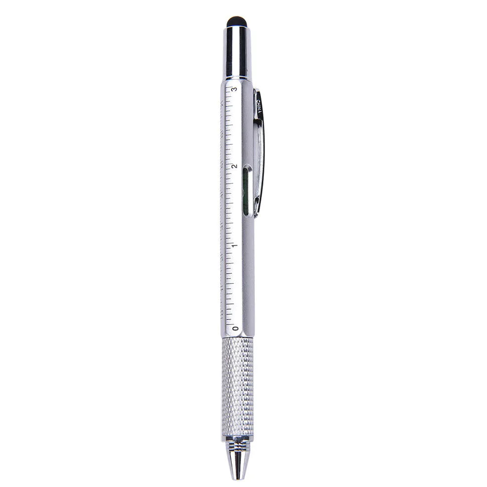 6 in 1 touch screen stylus ballpoint pen with spirit level, screwdriver tips, and scale