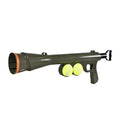Black ABS plastic tennis ball launcher for dogs with a tennis ball ready to launch.
