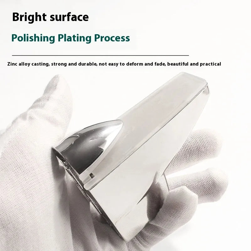 Electroplated metal adjustable clip for holding glass partitions or plates, shown in two different style options.