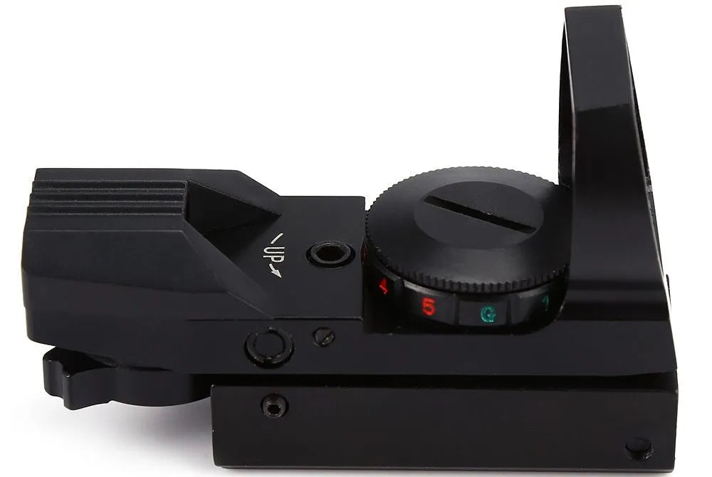 Red dot holographic sight in matte black with 4 reticles and 22x33mm lens opening for 11/20mm rail
