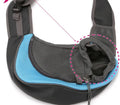 Blue pet backpack carrier for a small dog, showing shoulder straps and front mesh panel.