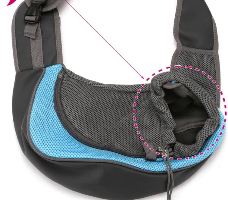 Blue pet backpack carrier for a small dog, showing shoulder straps and front mesh panel.