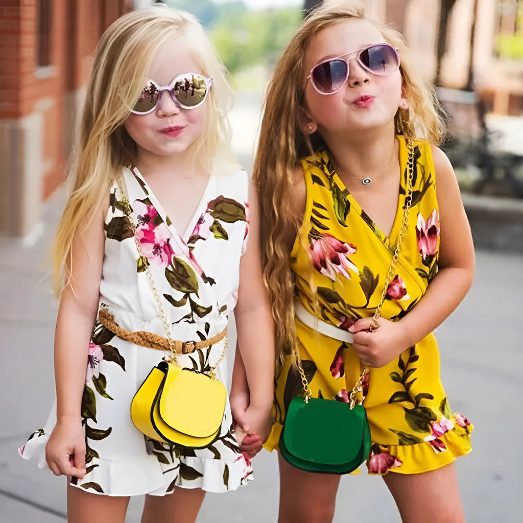 White and yellow floral print cotton summer outfit for a baby girl in Asian sizes 90cm to 130cm.