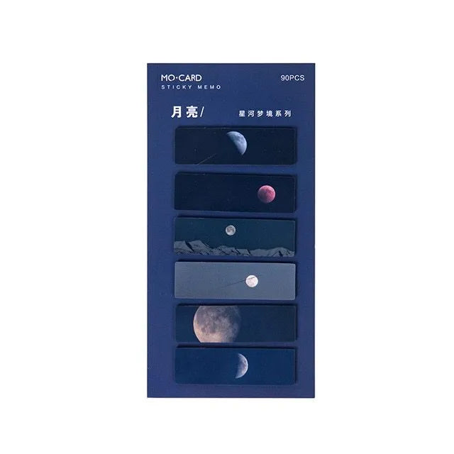 Pack of 90 night sky star index post-it notes in six colours: sky, moon, ocean, dusk, forest, and petard.