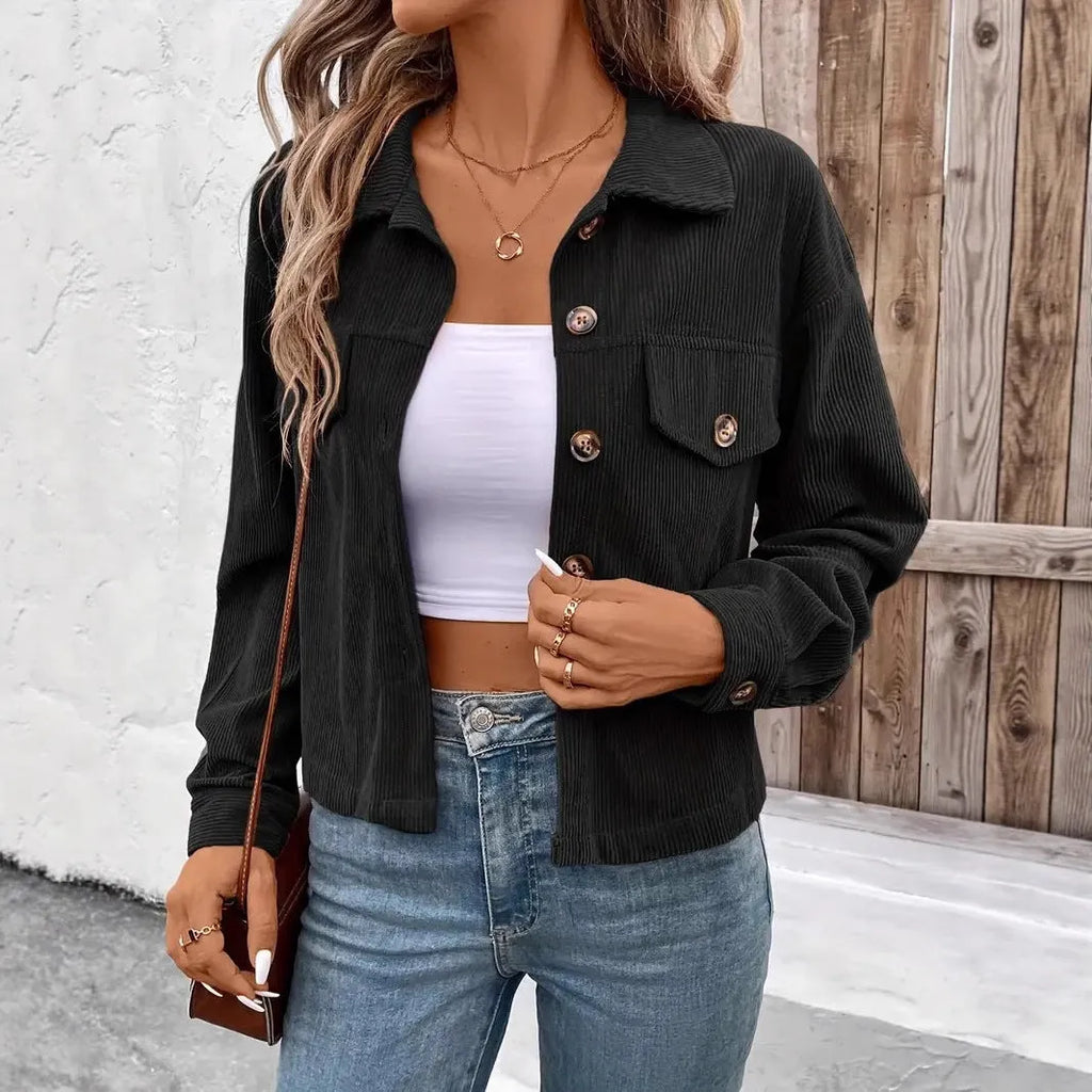 Women's retro artistic shirt coat jacket in medium thickness polyester fabric showing button-front design