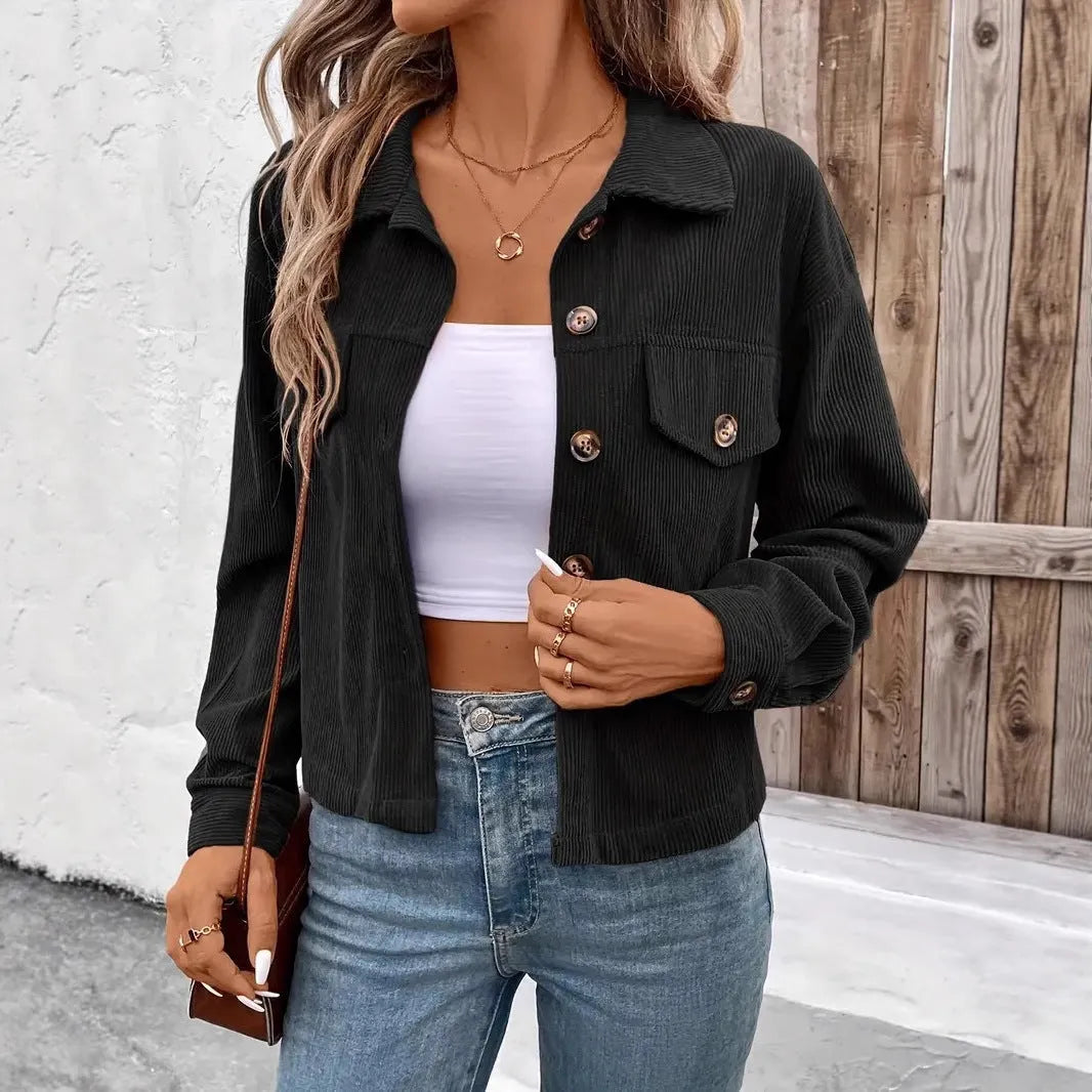 Women's retro artistic shirt coat jacket in medium thickness polyester fabric showing button-front design