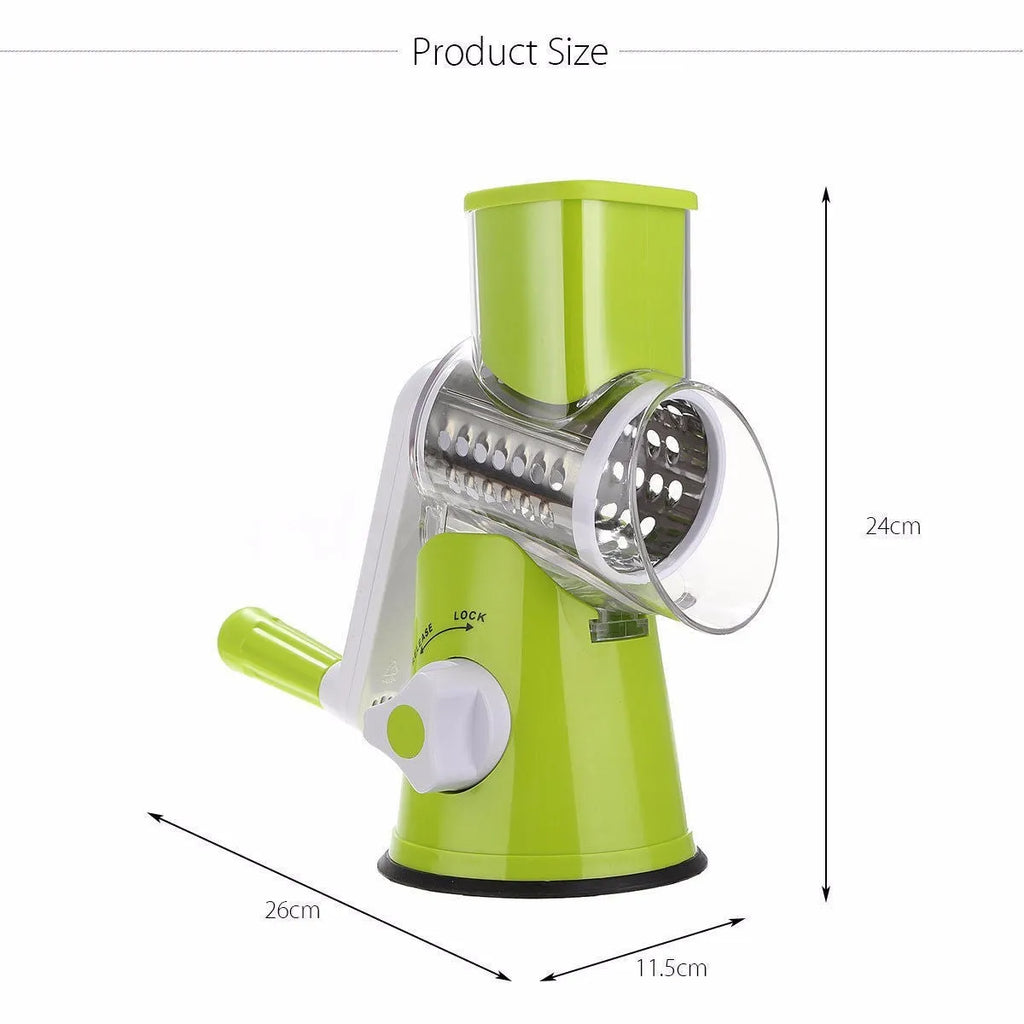 Mandoline slicer vegetable cutter with three stainless steel blades in blue green colour