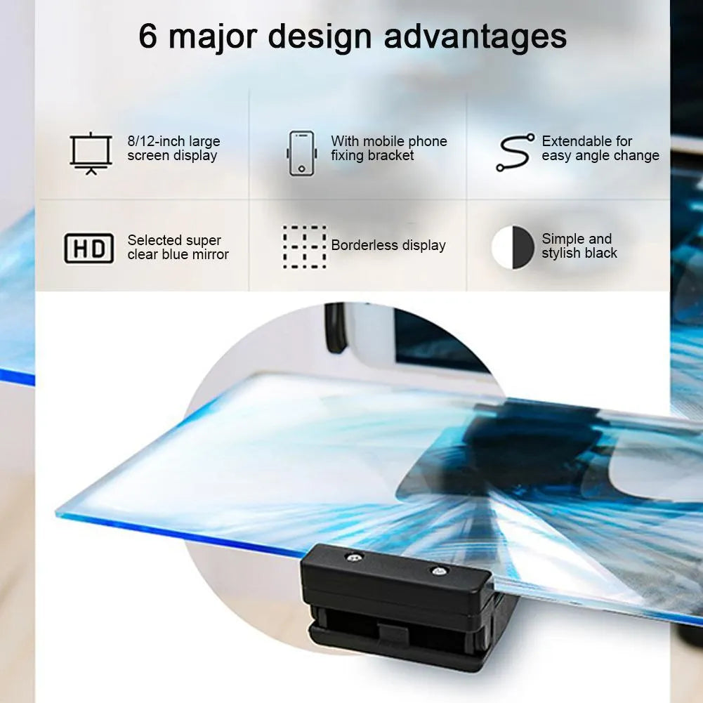 Black 12-inch mobile phone screen magnifier on an adjustable folding stand with a blue acrylic lens.
