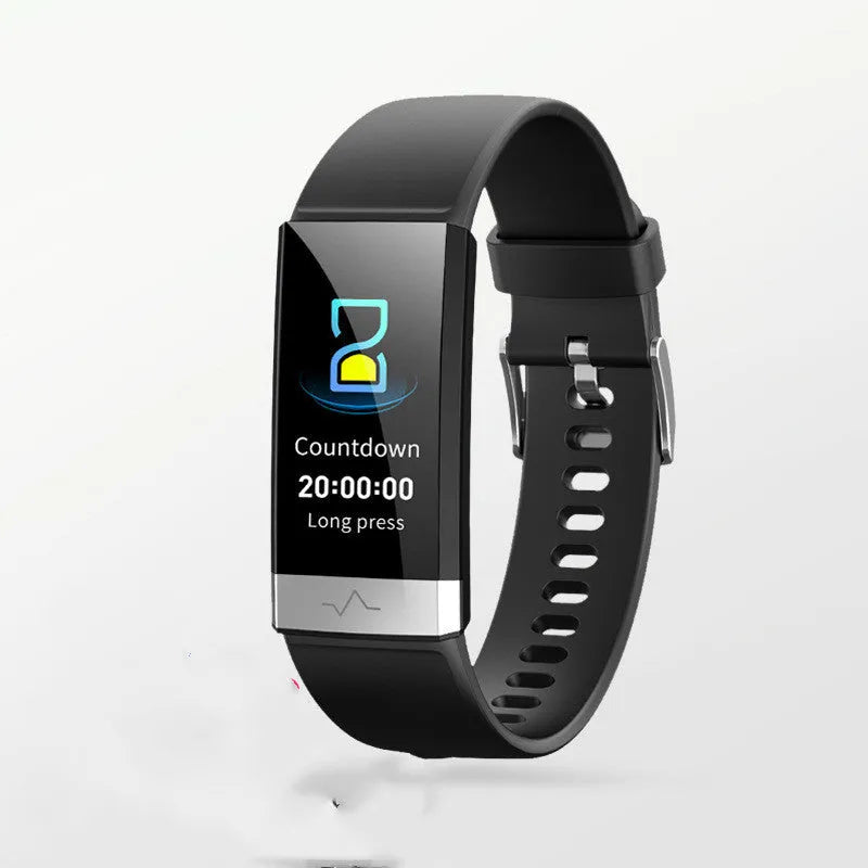 V19 smart fitness bracelet with colour screen on a wrist, shown in black, blue and red colour options.