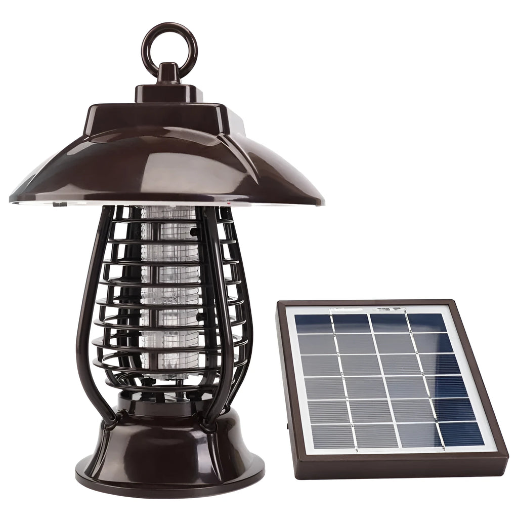 White outdoor solar mosquito lamp with solar panel and LED light beads for garden insect control.