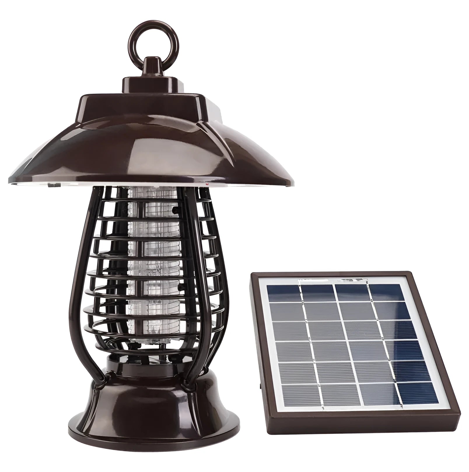 White outdoor solar mosquito lamp with solar panel and LED light beads for garden insect control.