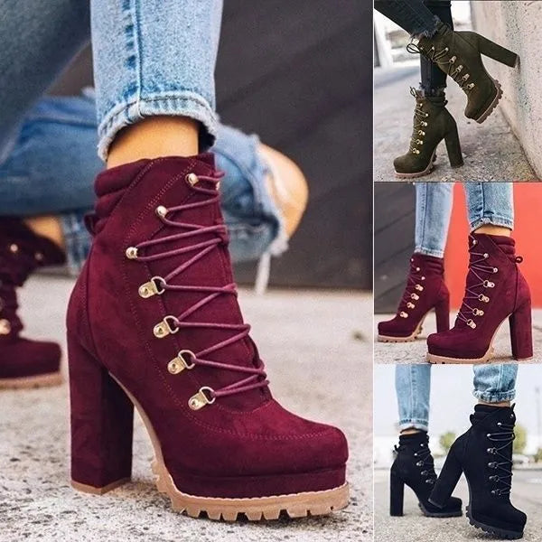 Women's suede high heel Roman boots in army green with thick heel and waterproof platform