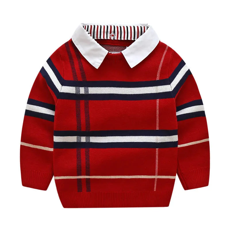 Boys plaid jacquard pullover sweater in apricot and navy blue colours with long sleeves
