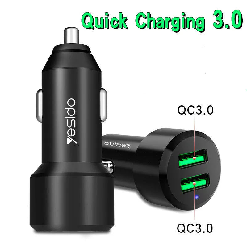 Black dual USB car charger with QC3.0 fast charge output and aluminium alloy body