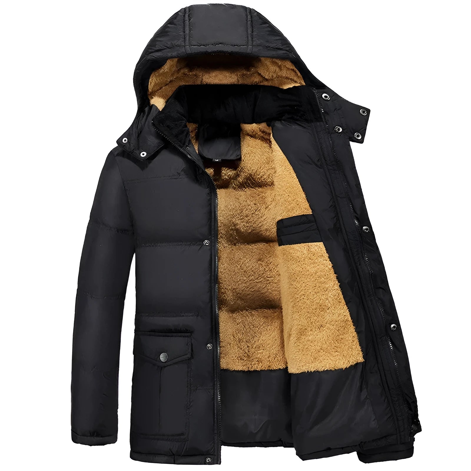 Man wearing a black loose-fit velvet double-breasted hooded winter jacket