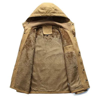 Long length pure cotton jacket with velvet lining, stand-up collar and hood in khaki green black colour options