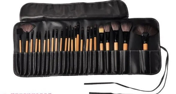 24 piece professional makeup brush set with wooden handles in PU gift bag