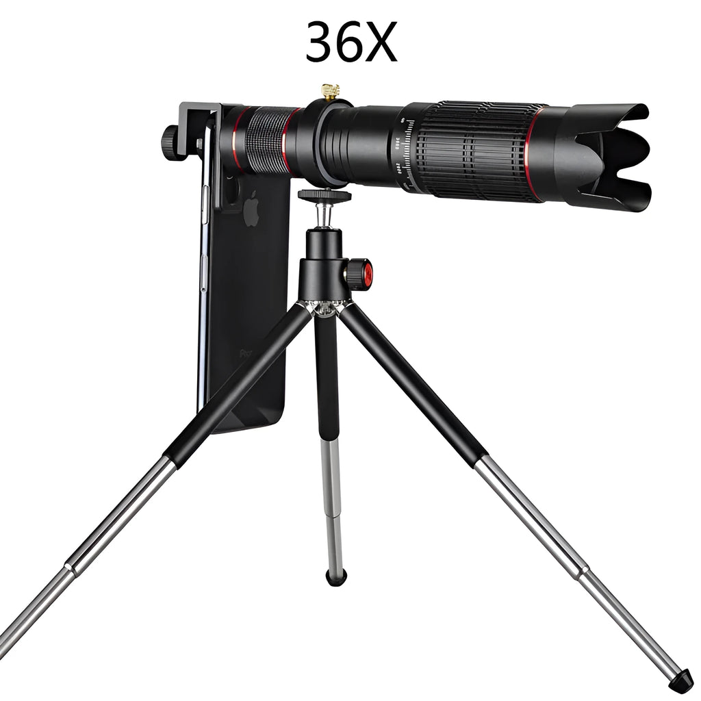 Black 36x telephoto lens attachment for smartphones shown next to its compact packaging.