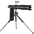 Black 36x telephoto lens attachment for smartphones shown next to its compact packaging.