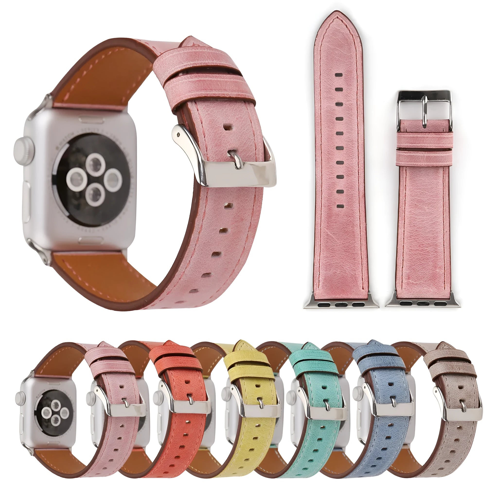 Coloured leather watch strap with a folding buckle on a watch case.