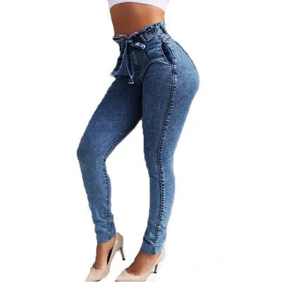 Fringed jeans with distressed detailing and raw hem fringe in cowboy fabric available in three colours