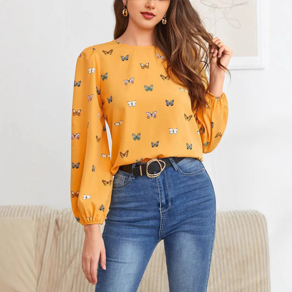 Women's long-sleeved butterfly print shirt in green and orange colour options