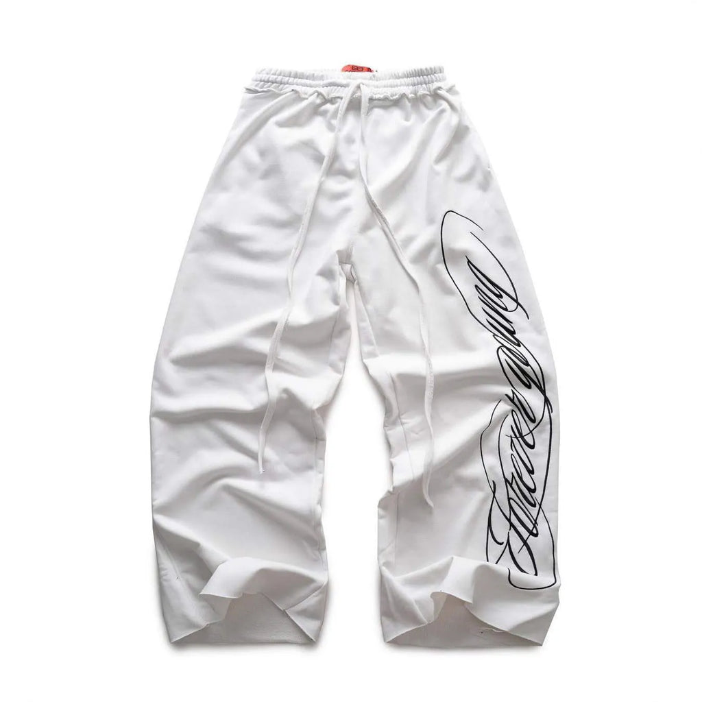 Design printing men's smart trousers in polyester, loose fit, mid waist, black colour, casual Japanese Korean style