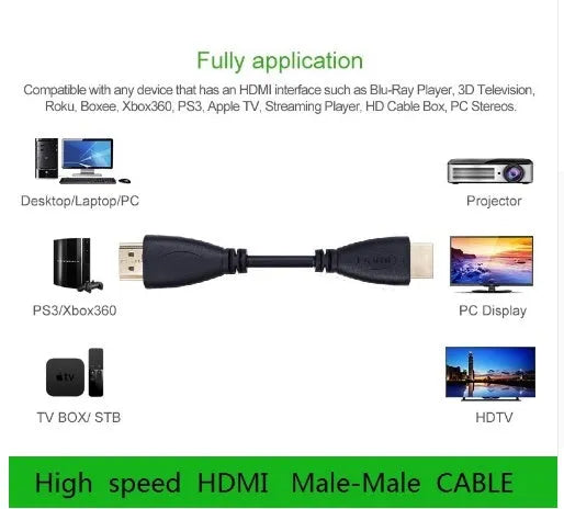 Gold-plated male HDMI cable plug next to length options from 0.3 to 5 metres for HDTV and gaming