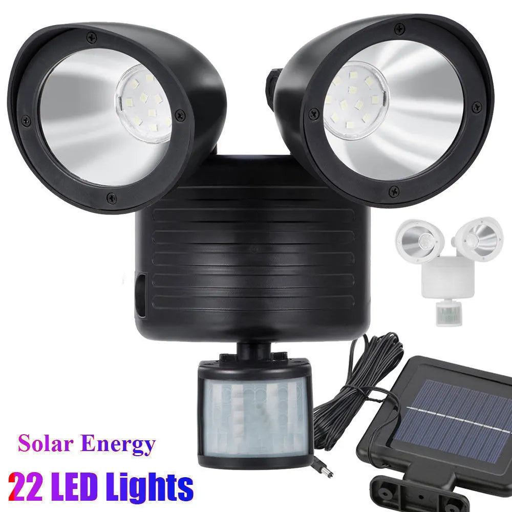 Black or white double-head solar motion sensor spotlight with adjustable brightness for outdoor security