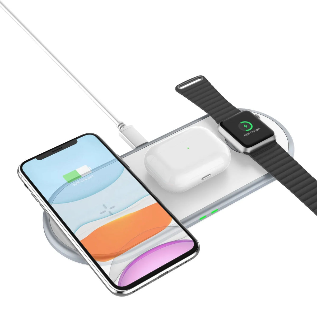 3 in 1 wireless charger in black or white, 21 x 8.5 x 0.8cm, with dual coil pad for iPhone, Apple Watch and AirPods