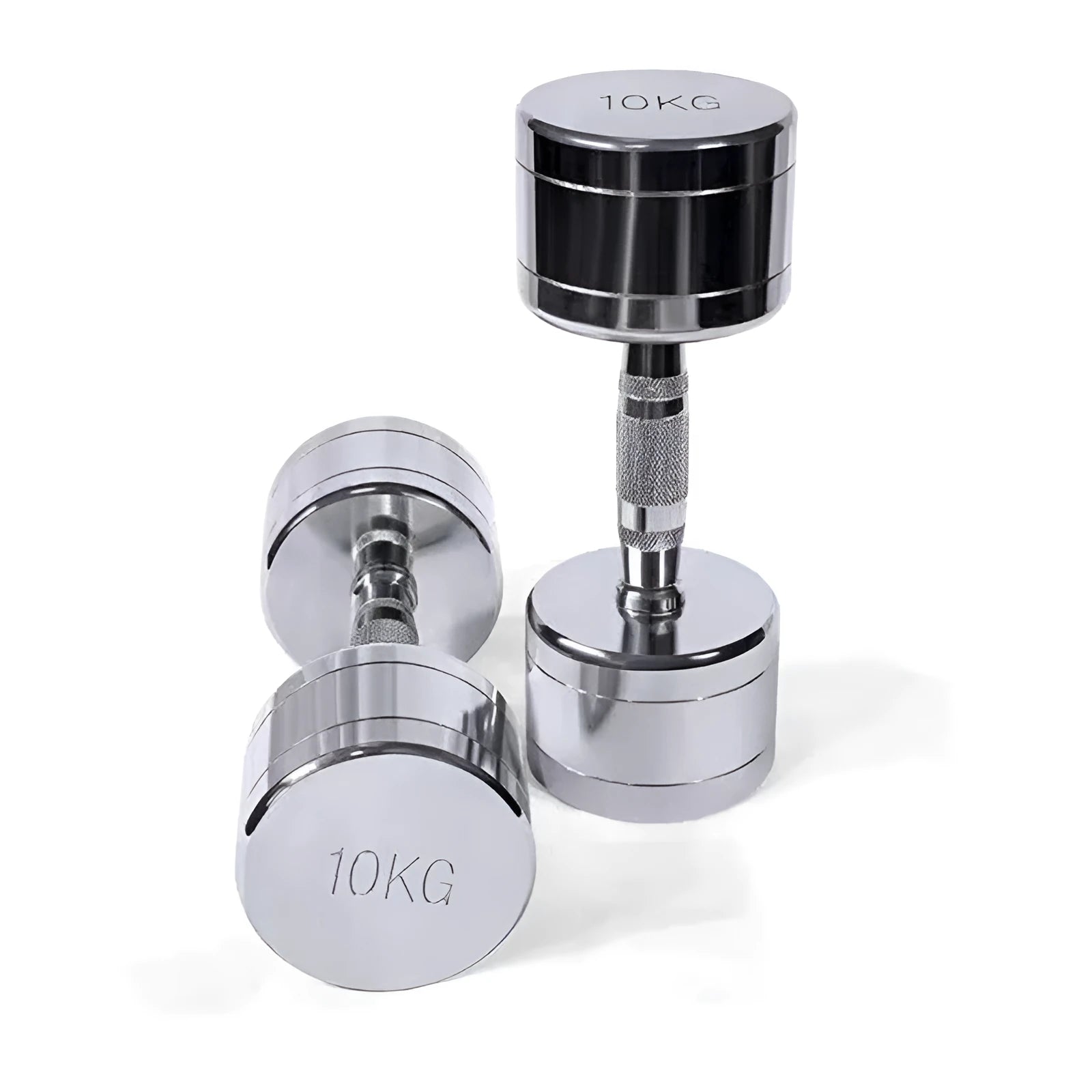 Pure steel dumbbell with silver electroplated finish and ergonomic handshake design
