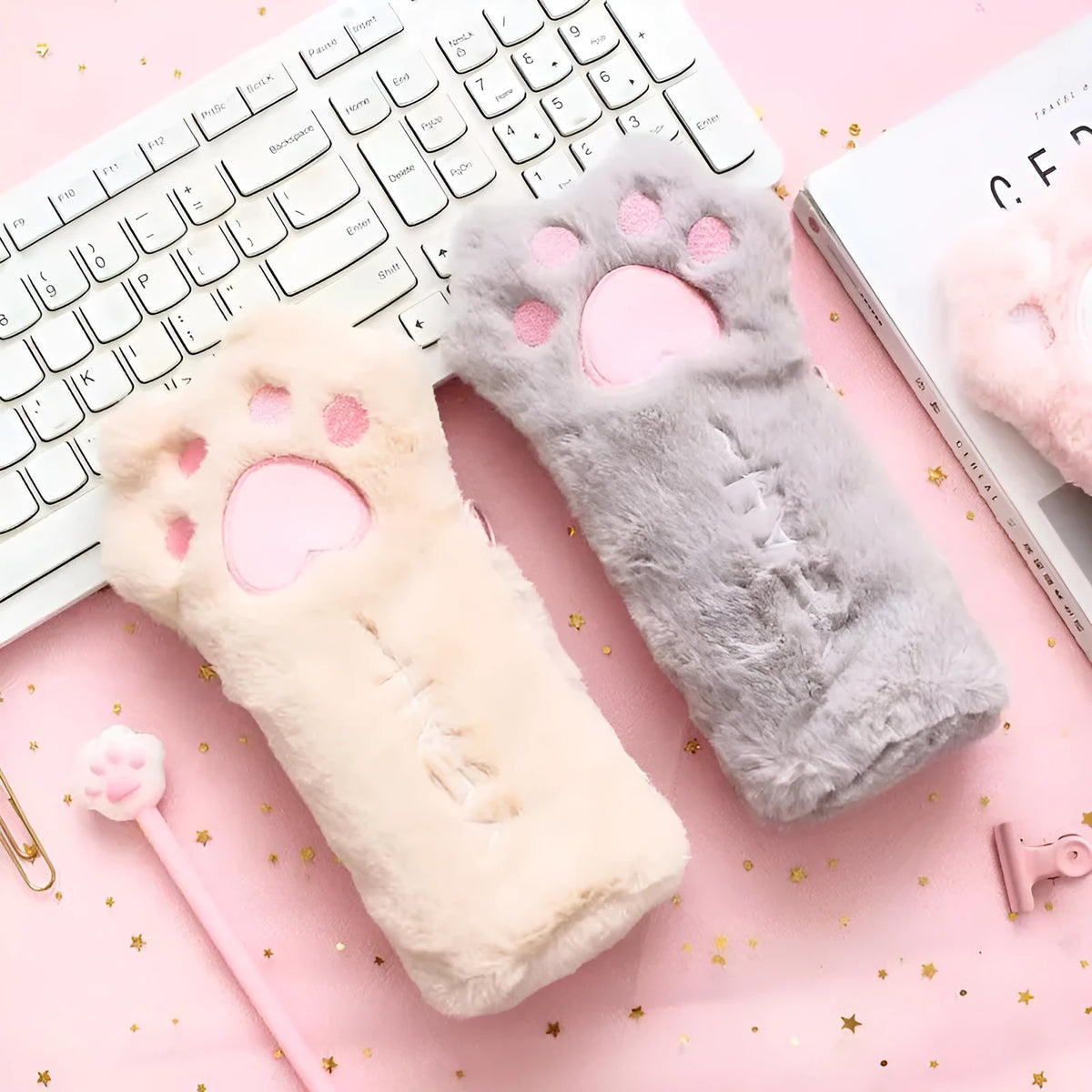 Plush cat's paw bag 23 x 12.5 cm Korean style in beige brown grey or pink