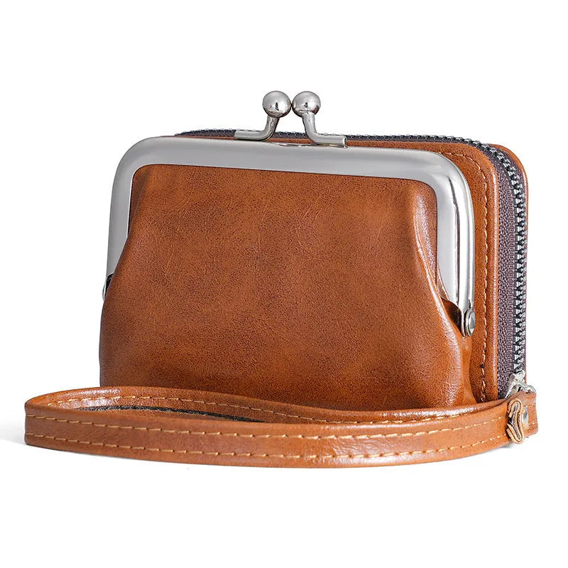 Ladies' buckle coin purse in multiple colours showing metal clip and zippered compartment