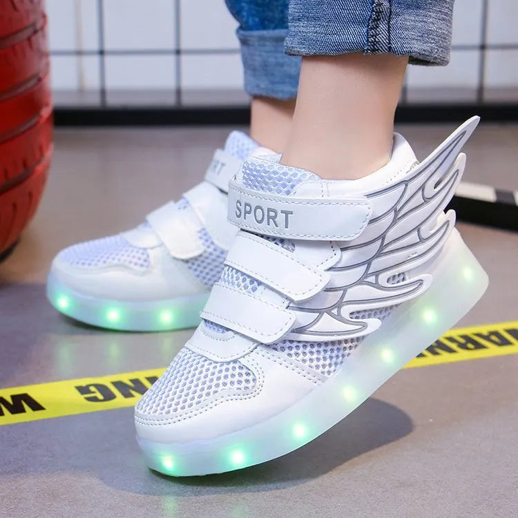 Children's light-up sneakers with glitter wings, artificial leather upper, rubber sole, Velcro strap, USB rechargeable, sizes 24-37