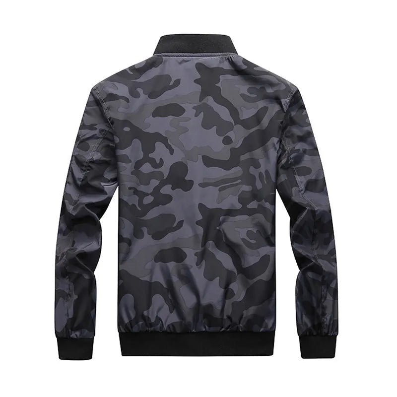 Men's camouflage bomber jacket, stand collar, zip front, long sleeves, welt pockets, army green or dark grey